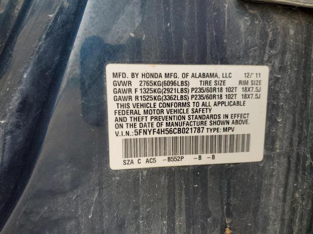 5FNYF4H56CB021787 - 2012 HONDA PILOT EXL BLUE photo 13