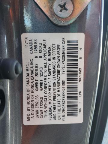 2HGFB2F92FH511981 - 2015 HONDA CIVIC EXL Gris photo 12