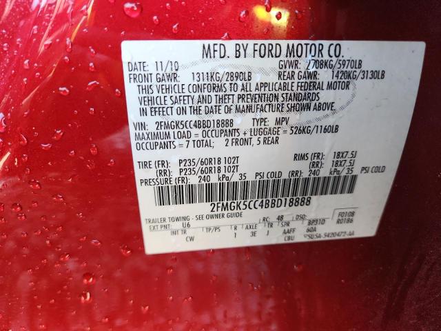 2FMGK5CC4BBD18888 - 2011 FORD FLEX SEL 红色 照片 13