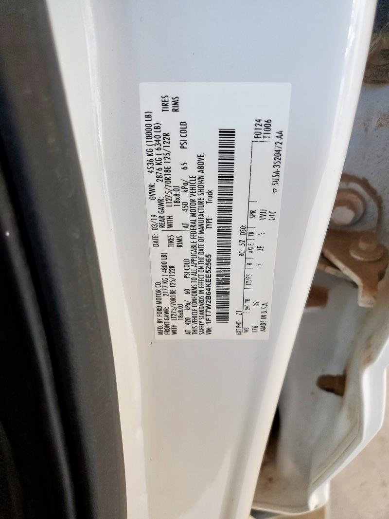 1FT7W2B64KEE52565 - 2019 FORD F250 SUPER DUTY თეთრი ფოტო 12