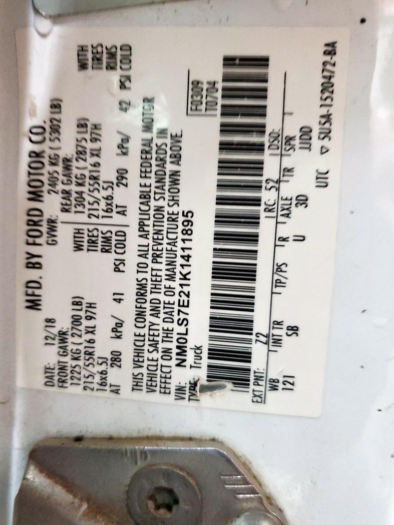 NM0LS7E21K1411895 - 2019 FORD TRANSIT CONNECT XL 白色 照片 12