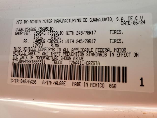 3TYJDAHN2RT006511 - 2024 TOYOTA TACOMA XTRACAB 白色 照片 12