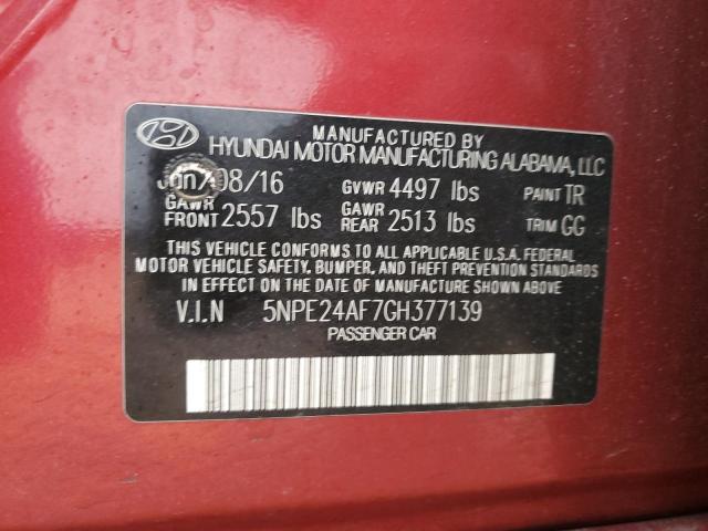 5NPE24AF7GH377139 - 2016 HYUNDAI SONATA SE RED photo 12