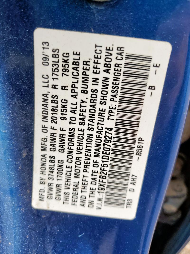 19XFB2F51DE079274 - 2013 HONDA CIVIC LX BLUE photo 13