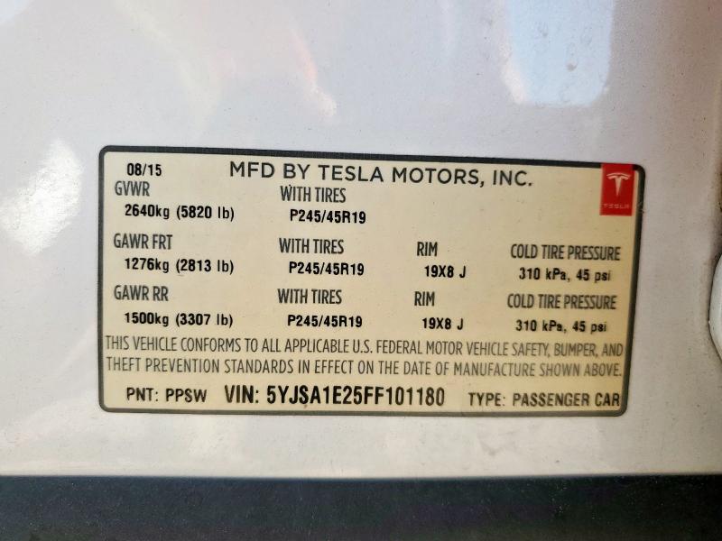 5YJSA1E25FF101180 - 2015 TESLA MODEL S Белый фото 12