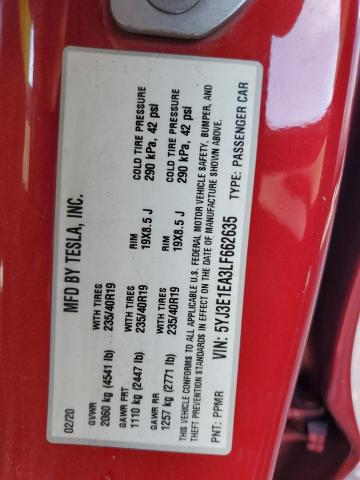 5YJ3E1EA3LF662635 - 2020 TESLA MODEL 3 Qırmızı foto 12