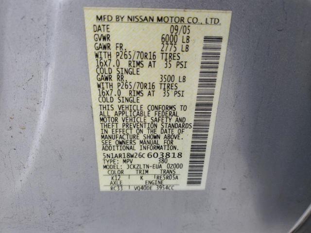 5N1AR18W26C603818 - 2006 NISSAN PATHFINDER LE SILVER photo 13