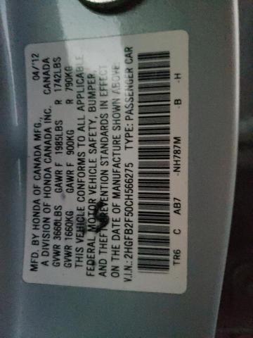 2HGFB2F50CH566275 - 2012 HONDA CIVIC LX SILVER photo 12