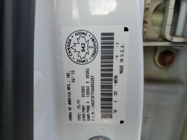 1HGCP2F77AA805287 - 2010 HONDA ACCORD EX თეთრი ფოტო 12