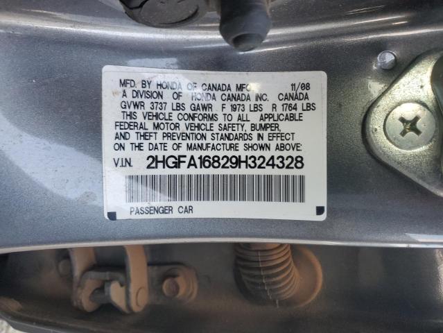 2HGFA16829H324328 - 2009 HONDA CIVIC EX GRAY photo 12