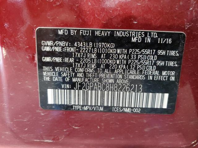 JF2GPABC8H8226213 - 2017 SUBARU CROSSTREK PREMIUM BURGUNDY photo 12