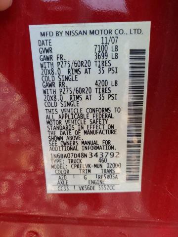 1N6BA07D48N343792 - 2008 NISSAN TITAN XE RED photo 12