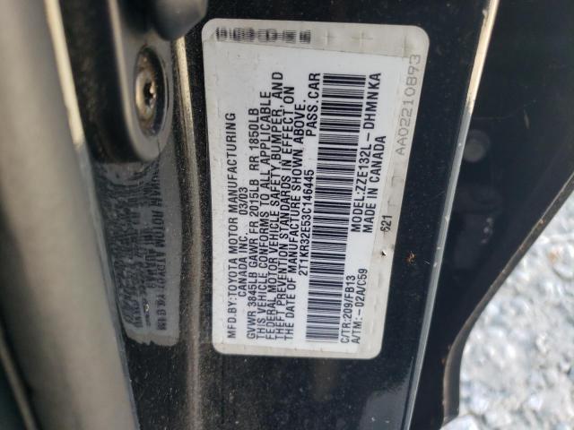 2T1KR32E53C146445 - 2003 TOYOTA COROLLA MA XR BLACK photo 12