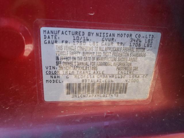 3N1CN7APXHL817495 - 2017 NISSAN VERSA S RED photo 12