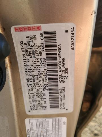 JTDBE32K620133259 - 2002 TOYOTA CAMRY LE BEIGE photo 12
