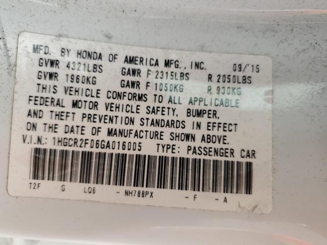 1HGCR2F06GA016005 - 2016 HONDA ACCORD EX WHITE photo 13