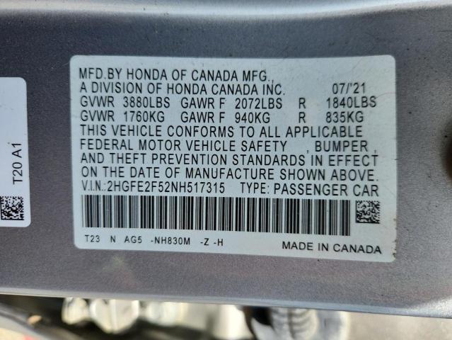 2HGFE2F52NH517315 - 2022 HONDA CIVIC SPORT Gümüş foto 12