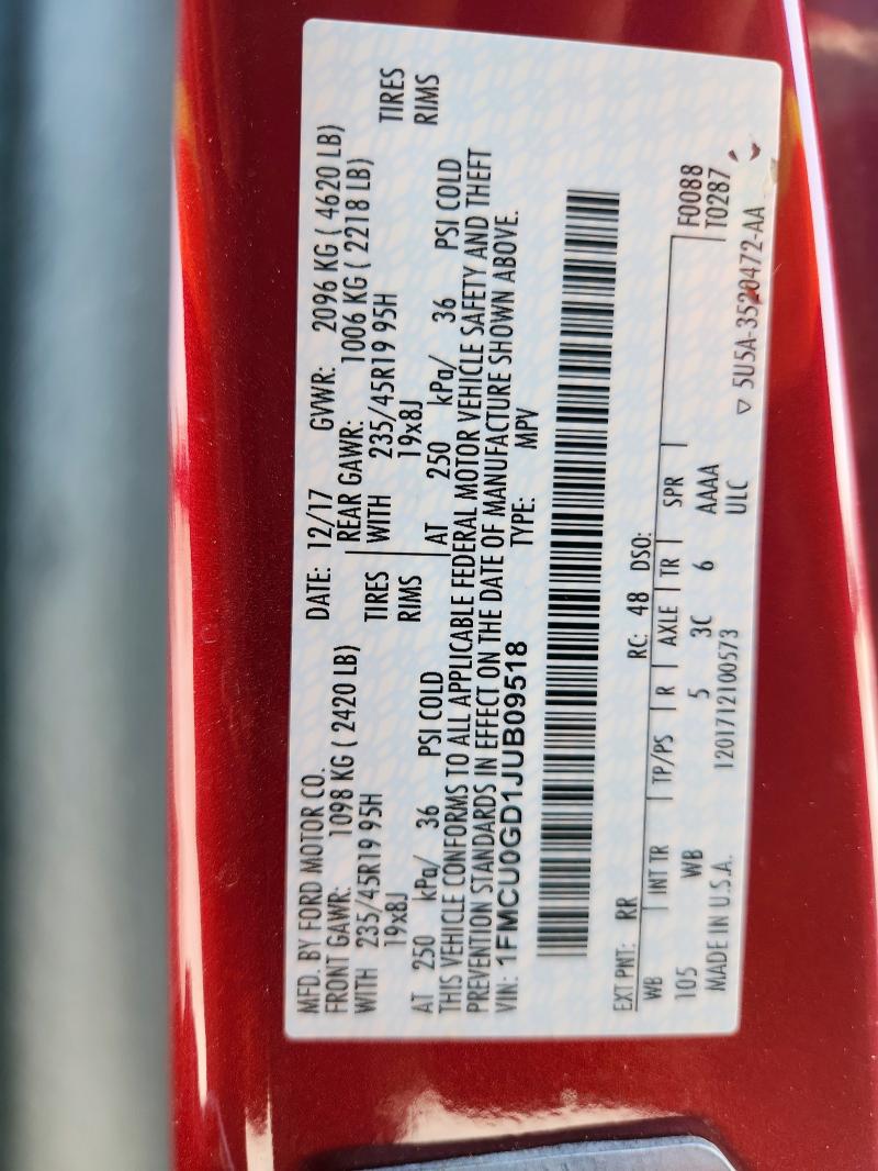 1FMCU0GD1JUB09518 - 2018 FORD ESCAPE SE RED photo 13