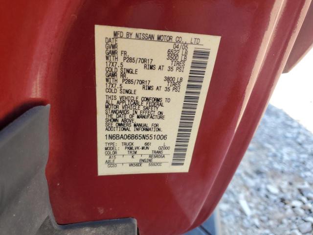 1N6BA06B65N551006 - 2005 NISSAN TITAN XE 红色 照片 12