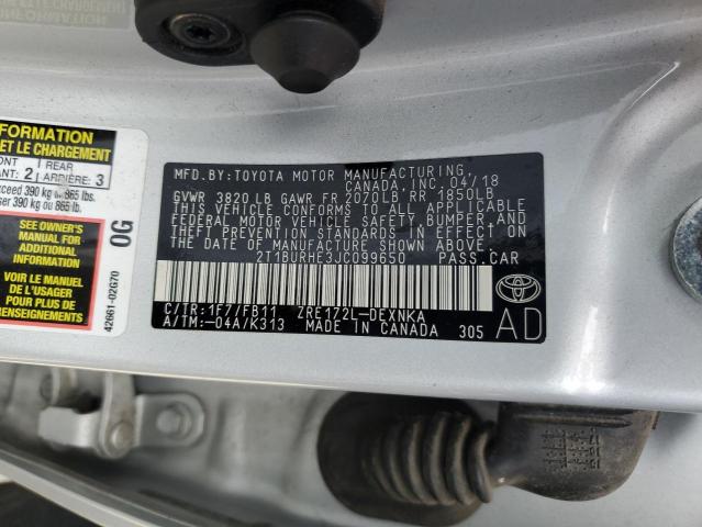 2T1BURHE3JC099650 - 2018 TOYOTA COROLLA L SILVER photo 12