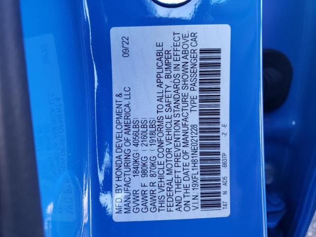 19XFL1H81NE021228 - 2022 HONDA CIVIC SPORT TOURING 蓝色 照片 12