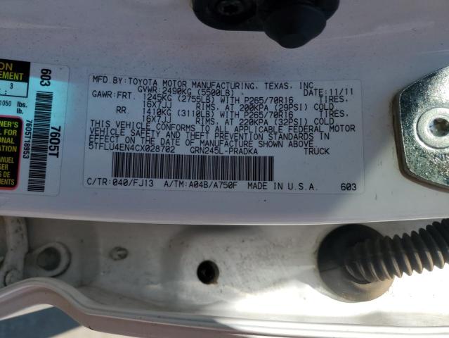 5TFLU4EN4CX028702 - 2012 TOYOTA TACOMA DOUBLE CAB 白色 照片 13