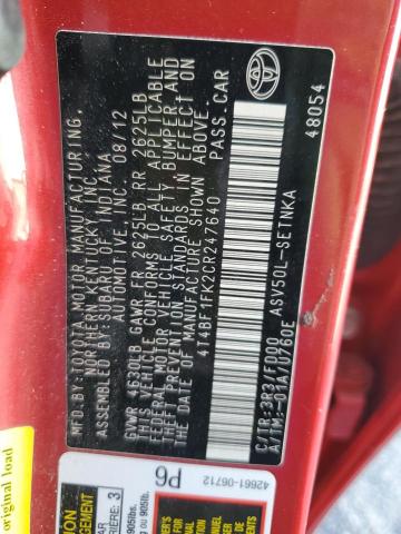 4T4BF1FK2CR247640 - 2012 TOYOTA CAMRY BASE 红色 照片 13