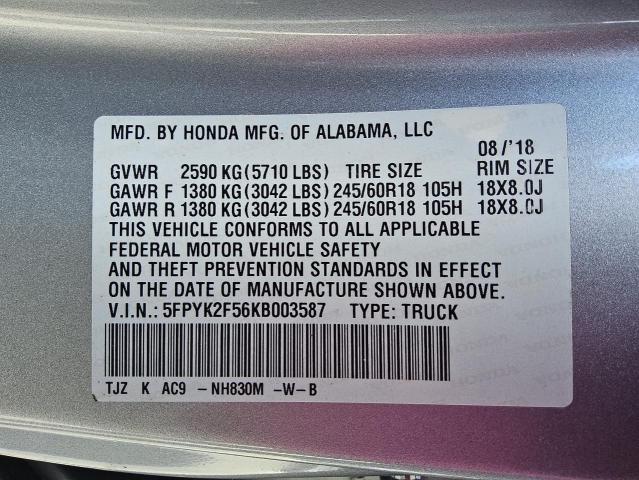 5FPYK2F56KB003587 - 2019 HONDA RIDGELINE RTL SILVER photo 12