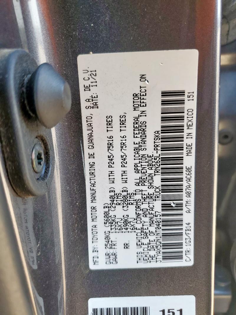 3TYAX5GN1NT040157 - 2022 TOYOTA TACOMA DOUBLE CAB Boz foto 12