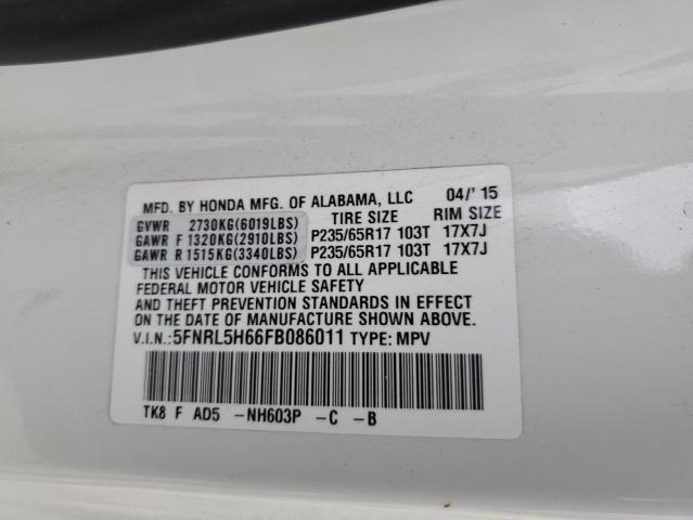 5FNRL5H66FB086011 - 2015 HONDA ODYSSEY EXL WHITE photo 13