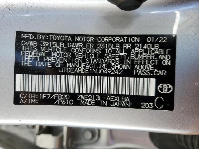 JTDEAMDE1NJ049242 - 2022 TOYOTA COROLLA LE SILVER photo 12