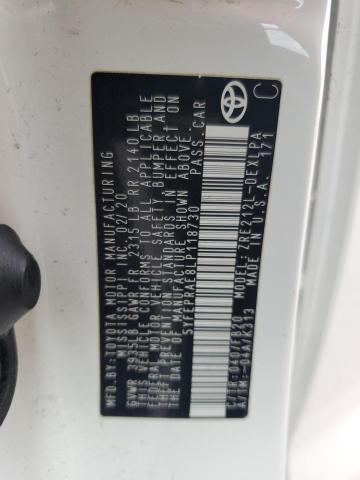 5YFEPRAE8LP118730 - 2020 TOYOTA COROLLA LE WHITE photo 12