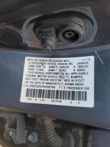 2HGFC2F67KH507342 - 2019 HONDA CIVIC LX Boz foto 12