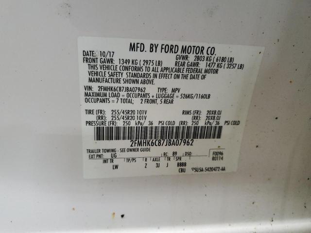 2FMHK6C87JBA07962 - 2018 FORD FLEX SEL თეთრი ფოტო 13