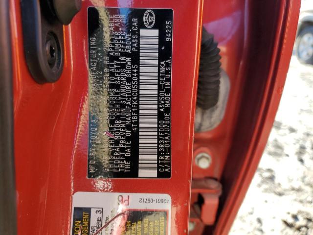 4T1BF1FK4CU550445 - 2012 TOYOTA CAMRY BASE RED photo 12