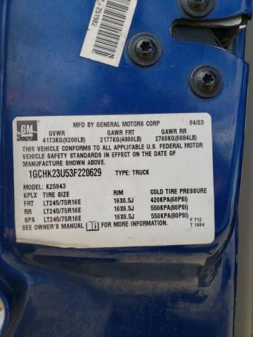 1GCHK23U53F220629 - 2003 CHEVROLET SILVERADO K2500 HEAVY DUTY BLUE photo 12