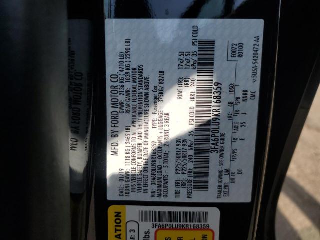 3FA6P0LU9KR168359 - 2019 FORD FUSION SE BLACK photo 13