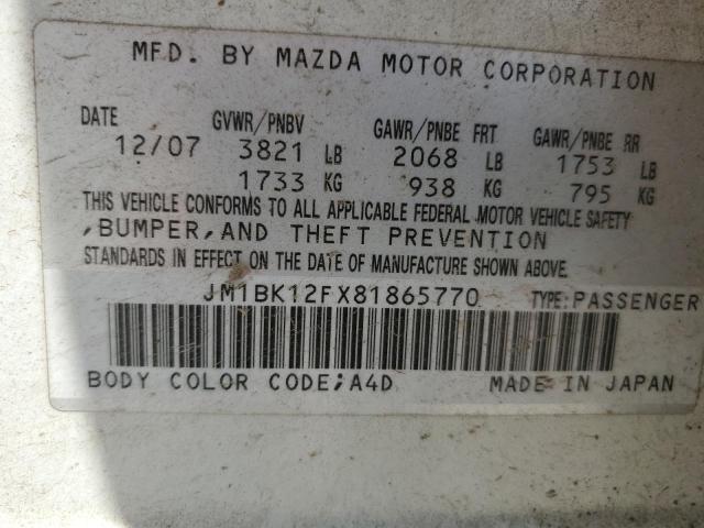 JM1BK12FX81865770 - 2008 MAZDA 3 I WHITE photo 13