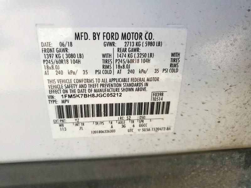 1FM5K7BH8JGC05212 - 2018 FORD EXPLORER WHITE photo 14