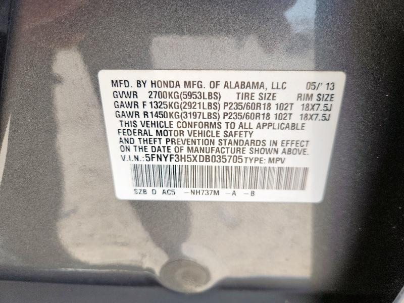 5FNYF3H5XDB035705 - 2013 HONDA PILOT EXL SILVER photo 14