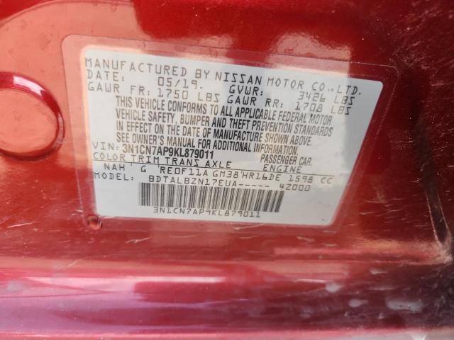 3N1CN7AP9KL879011 - 2019 NISSAN VERSA S BURGUNDY photo 12