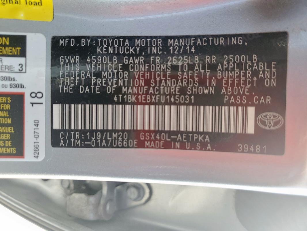 4T1BK1EBXFU145031 - 2015 TOYOTA AVALON XLE SILVER photo 13