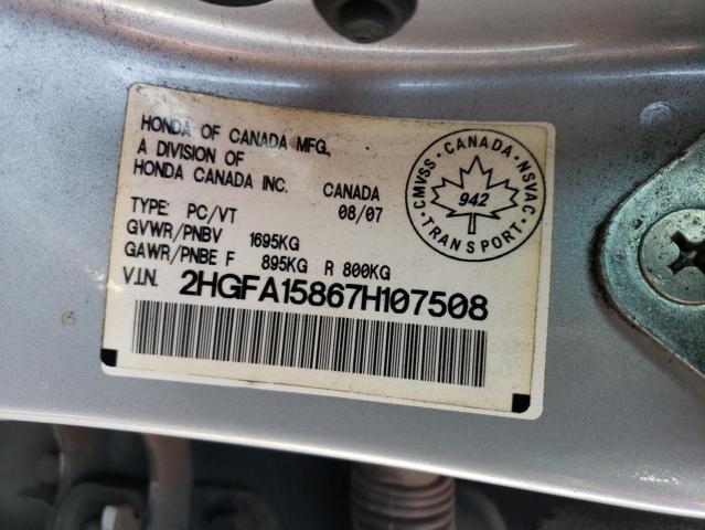 2HGFA15867H107508 - 2007 HONDA CIVIC EX SILVER photo 12