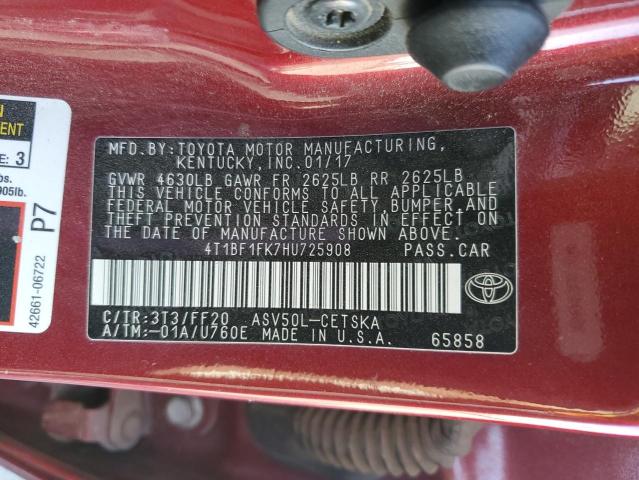 4T1BF1FK7HU725908 - 2017 TOYOTA CAMRY LE 栗色 照片 12