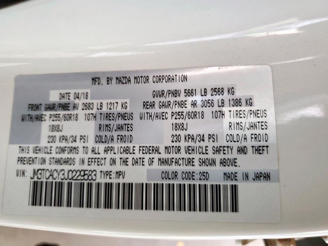 JM3TCACY3J0229583 - 2018 MAZDA CX-9 TOURING WHITE photo 13