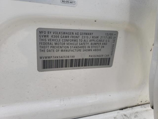 WVWMP7AN3AE536199 - 2010 VOLKSWAGEN CC SPORT WHITE photo 12