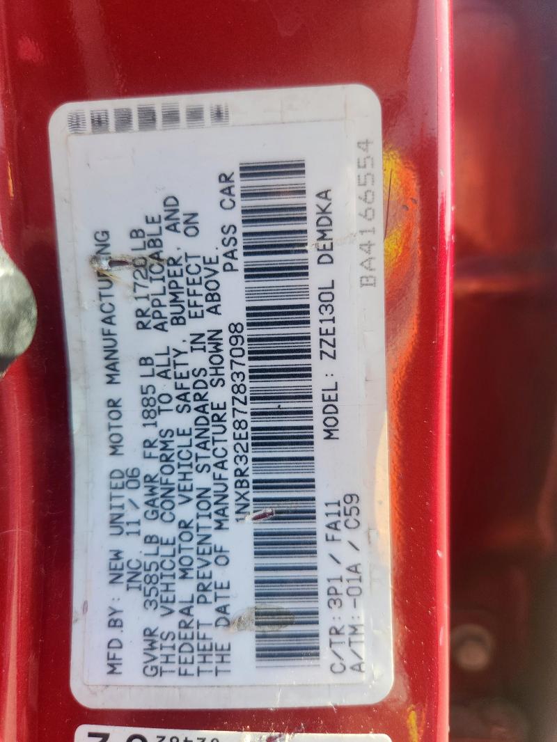 1NXBR32E87Z837098 - 2007 TOYOTA COROLLA CE მუქწითელი ფოტო 12