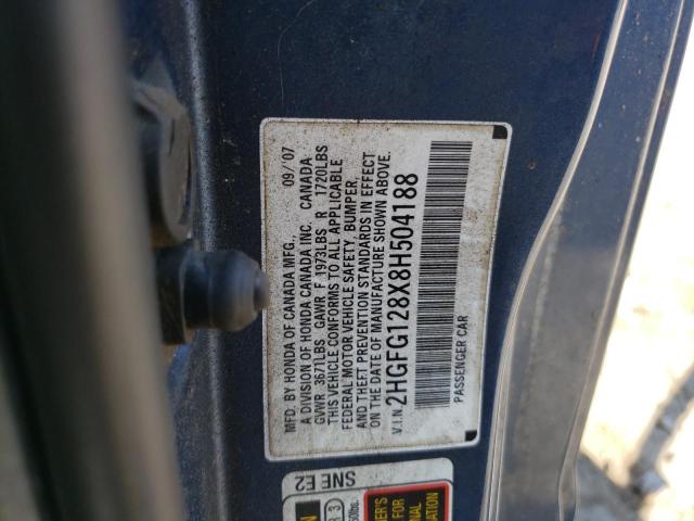 2HGFG128X8H504188 - 2008 HONDA CIVIC EX BLUE photo 12