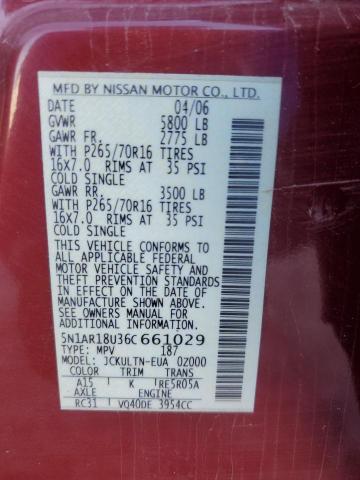 5N1AR18U36C661029 - 2006 NISSAN PATHFINDER LE 勃艮第红 照片 14