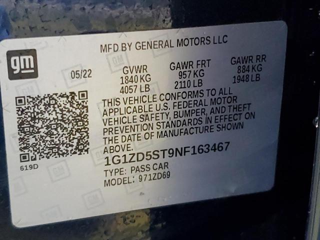 1G1ZD5ST9NF163467 - 2022 CHEVROLET MALIBU LT BLUE photo 12